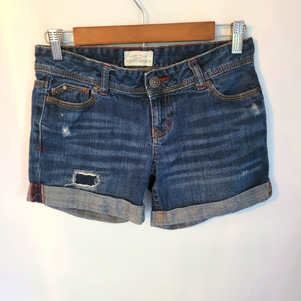 Aeropostale | Distressed Dark Wash Cuffed Hem Shorts